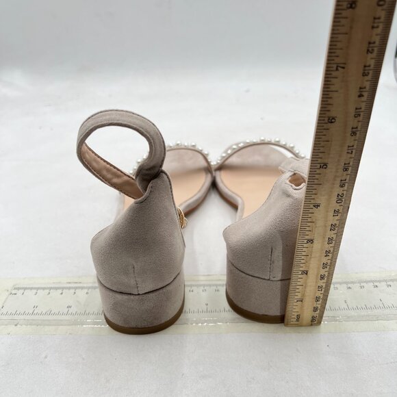 XYD Nude Pearls Open Toe Strappy Low Block Heel Sandal Ankle Strap with Buckle - Picture 5 of 8